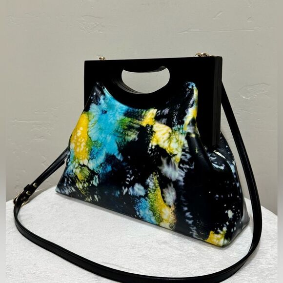 Unique Cowhide Leather Tie-dye Print Handmade Wooden Frame Top Handle Bag - Picture 8 of 16